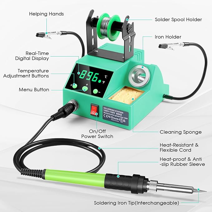 Soldering Station, 100W Digital Display Soldering Iron Station Kit with 2 Helping Hands, 356°F - 896°F, Auto Sleep, °C/°F Conversion, Solder Wire, Tips, Stand, Pump, Tweezers, Tip Cleaner, Cyan