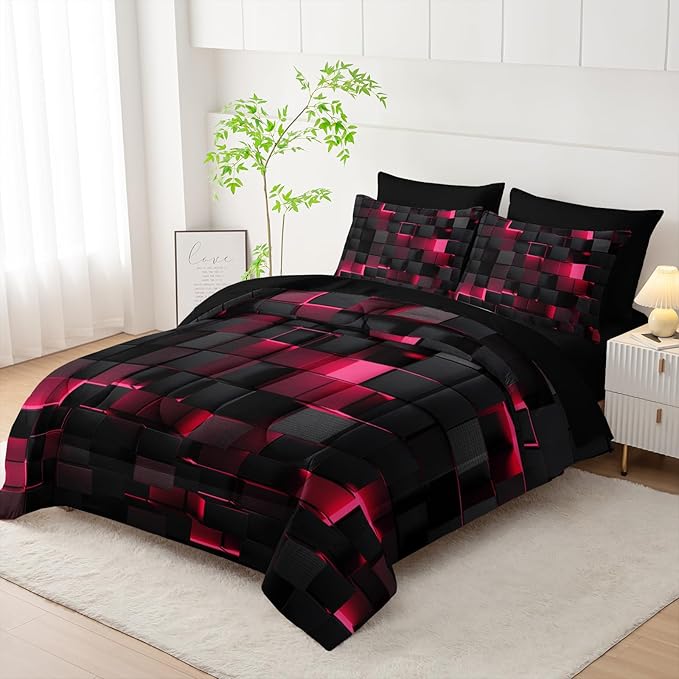 Nttopship Geometric Pink Black Full Comforter Set,Light Honeycomb Bedding Set 7 Piece in A Bag,Bed Sheet Set Geometry Decor,Microfiber Lightweight All Season