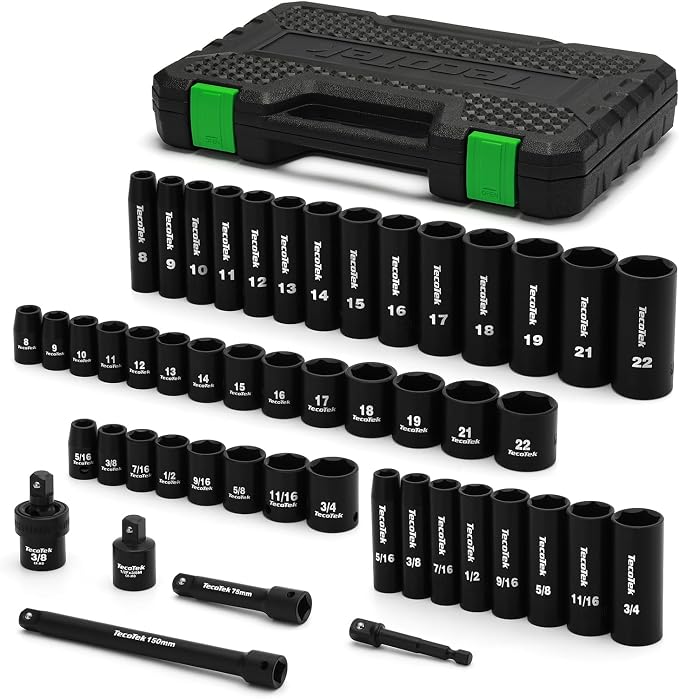 TecoTek 3/8" Drive Impact Socket Set, 49-Piece Standard SAE (5/16"-3/4") and Metric (8mm-22mm), 6 Point, Cr-V, Extension Bars, 1/2" F to 3/8" M Reducer, Universal Joint and Power Drill Adapter