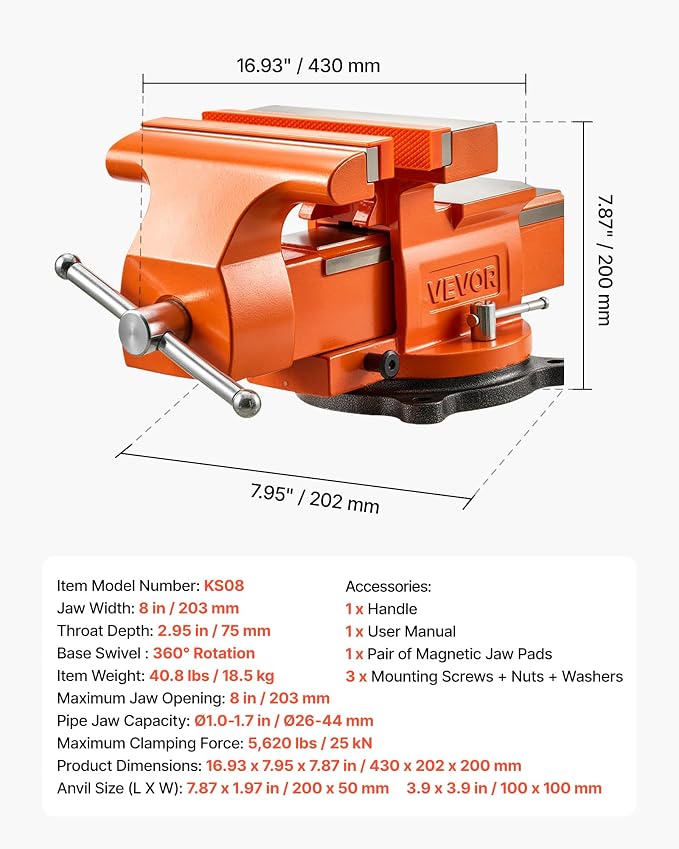 VEVOR Heavy Duty Bench Vise, 8" Jaw Width, Multi-Purpose Ductile Iron Bench Vise with Anvil and 360-Degree Locking Swivel Base, 2.95" Throat Depth, 8" Max Jaw Opening, for Drilling, Pipe Cutting