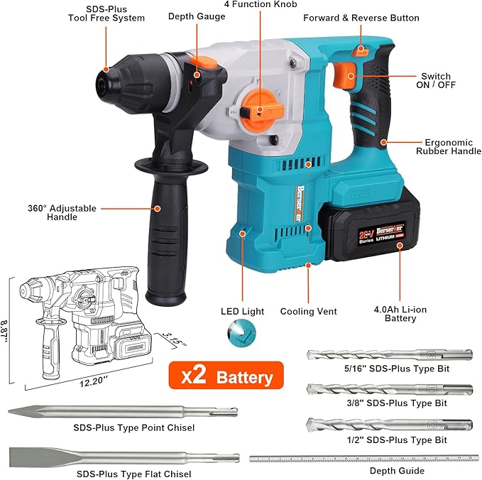 Berserker 1-1/8" SDS-Plus Cordless Rotary Hammer Drill for Concrete 111Plus | 2 x 20V 4.0Ah Lithium-Ion Battery Powered w/ 3A Charger,4 Functions Brushless Motor Variable Speed Safety Clutch Rotomartillo