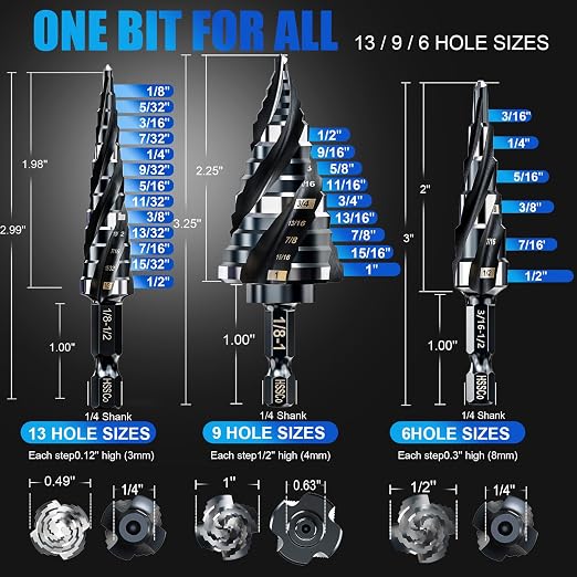 Four Spiral Flute M35 Step Drill Bit Set 1/4"-1"(3 pcs 30 Sizes), 1/4" Shank for Metal Step Drill bit, Impact Resistant Cobalt Step Drill Bit, for Stainless Steel, Wood, Aluminum, Plastic