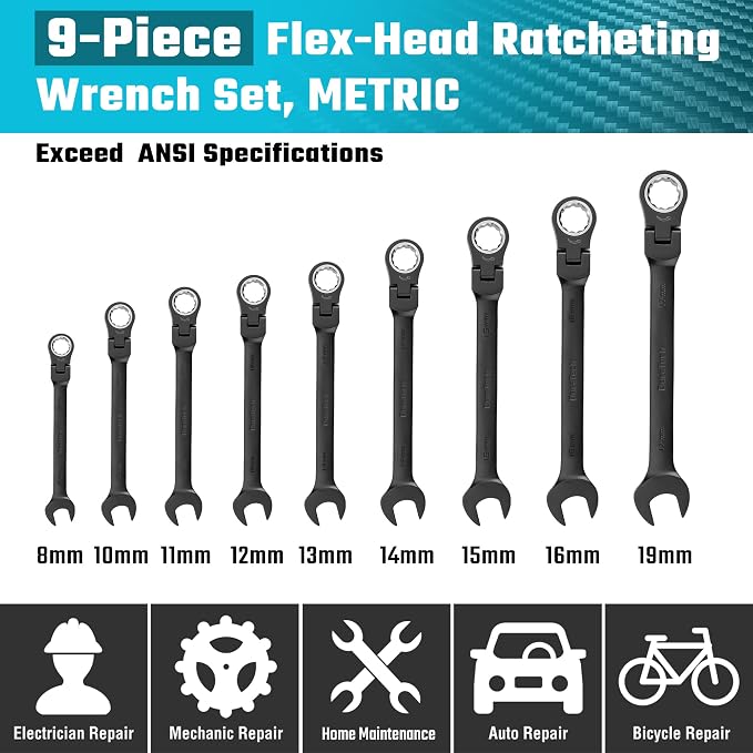 DURATECH 9-Piece Flex-Head Ratcheting Wrench Set, Metric | 8mm, 10mm, 11mm, 12mm, 13mm, 14mmm, 15mm, 16mm, 17mm,72 Tooth, Black E-Coating, CR-V Steel, Rolling Pouch