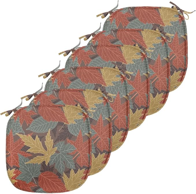 Lunarable Fall Leaves Chair Seating Cushion Set of 6, Large Leaf Silhouettes in Earth Tones, Anti-Slip Seat Padding for Kitchen & Patio, 16"x16", Paprika Multicolor