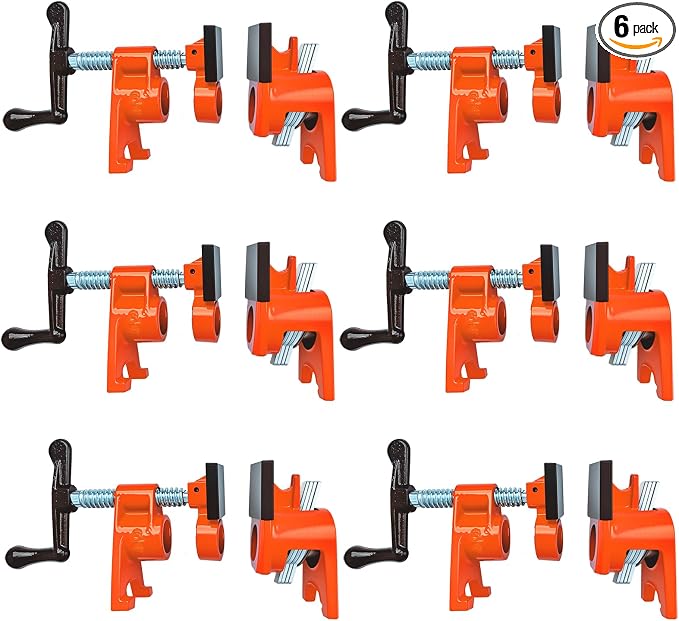 Pipe Clamps 3/4 inch 6 Pack Pipe Clamp with Unique Foot Ideal for Carpentry, Home Improvement, and DIY Projects Wood Gluing Clamps (Orange, 3/4 IN with Pads)