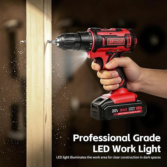 Cordless Drill Set,20V Drill Driver with Battery and Charger,3/8-Inch Keyless Chuck, Variable Speed,with Drills Bits Set,Red