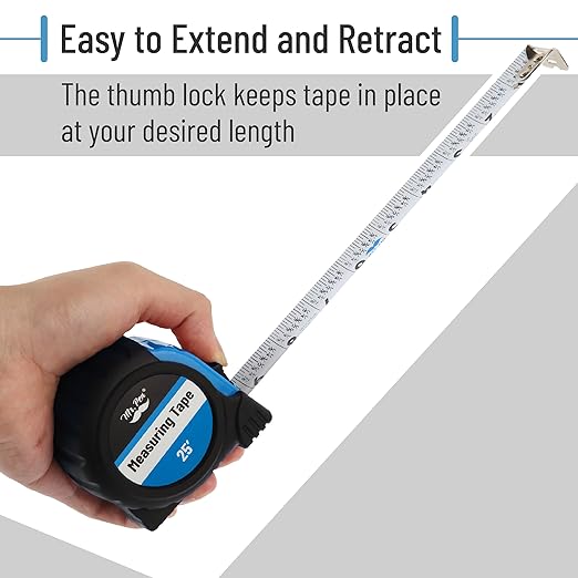 Mr. Pen- Retractable Tape Measure 25 ft, Light Blue, Easy Read, Steel Retractable Measuring Tape with Fractions, Ideal for Construction & DIY Projects