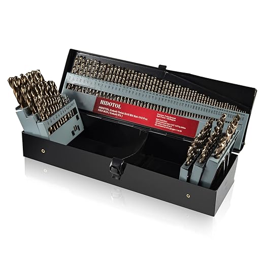 HIDOTOL Cobalt Drill Bit Set 115 PCS - M35 High Speed Steel Twist Jobber Length Drill Bits for Hardened Metal, Stainless Steel, Cast Iron, Plastic and Wood, 1/16"-1/2", A-Z, 1-60