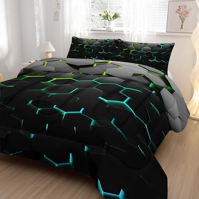 Geometric Green Black Neon Comforter Set,Light Honeycomb 3 Piece Bedding Set King for Teen Boys,Modern Bedding Quilt Set Geometry Decor,Microfiber Lightweight 1 Comforter 2 Pillowcases All Season