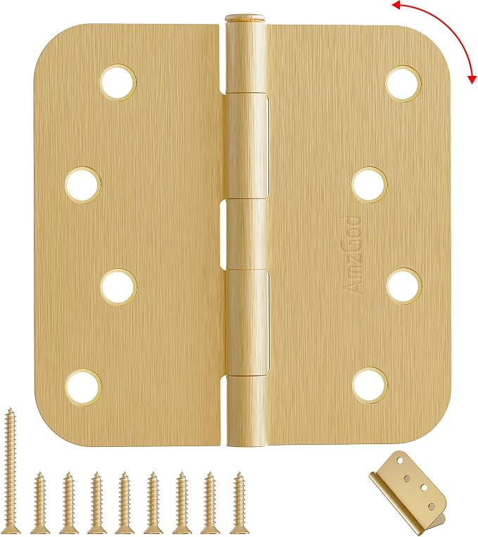 4" X 4" Satin Brass Door Hinges – 24 Pack Gold Door Hinges with 5/8" Radius, Rounded Interior Heavy Duty 4 Inch Exterior & Front Door Hinge for Residential Use
