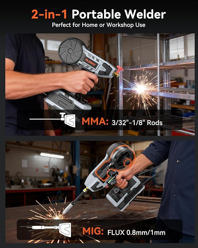 2 in 1 MIG and Stick Welder: 250A Handheld Portable Welding Machine, 110V Gasless Flux Core Wire Feed Welder & MMA ARC Welder Gun, 3.97lb w/LCD Display, for .032"/.040" Wire and 3/32"-1/8" Rod