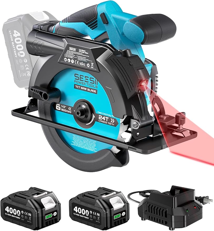 Seesii 6-1/2" Cordless Circular Saw with Laser, 5200 RPM Electric Compact Saw with 2x 4.0Ah Batteries and Charger, Lightweight and Power Design for Wood Cutting, DIY Framing & Home Renovation