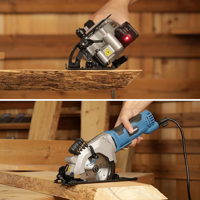 Mini Circular Saw Corded, 4A 3500RPM Compact Saw with Laser Guide, Rip Guide, Vacuum Adapter, Electric Circular Saw with 4-1/2" 24T TCT Blades for Wood, PVC, Plasterboard, Drywall