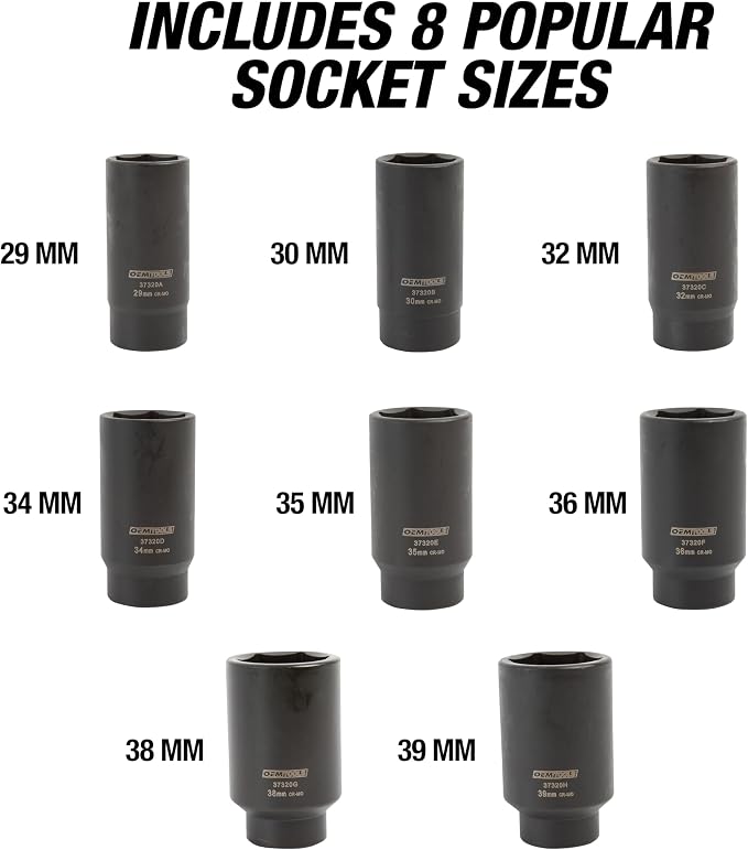 OEMTOOLS 37321 8-Pc 12 Point 1/2 Inch Drive Axle Nut Socket Set with Case | 1/2" Drive Impact Set 29mm-39mm, Cr-Mo Steel Metric Socket Set, Precision-Machined Deep Impact Sockets, Black Oxide Finish