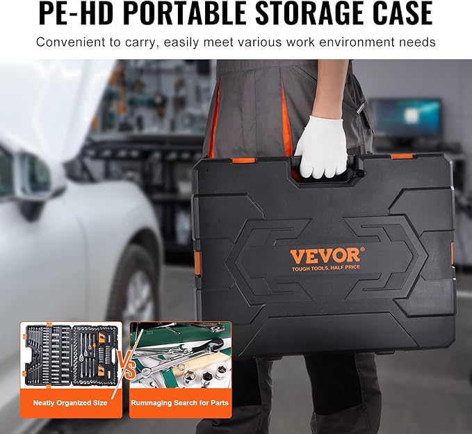 VEVOR Mechanics Tool Set, 205 Pcs SAE and Metric Sockets, 1/4" 3/8" 1/2" Drive Deep and Standard Sockets, Chrome Vanadium Steel, Polyethylene