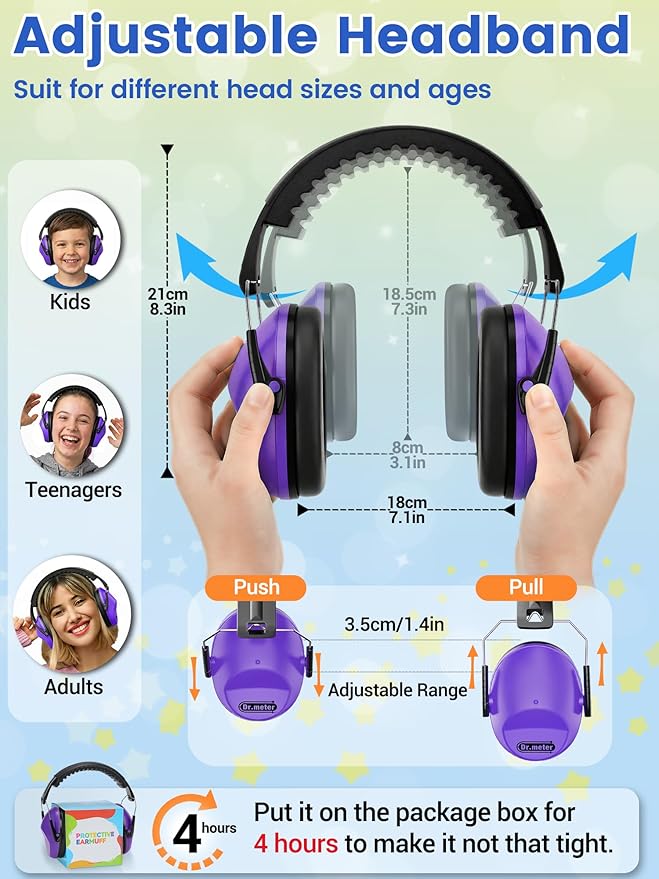 Dr.meter Ear Muffs for Noise Reduction: EM100 SNR27.4 Kids Ear Protection with Adjustable Headband - Kids Noise Cancelling Headphones for Monster Truck, Concerts, Fireworks and Air Shows - Purple