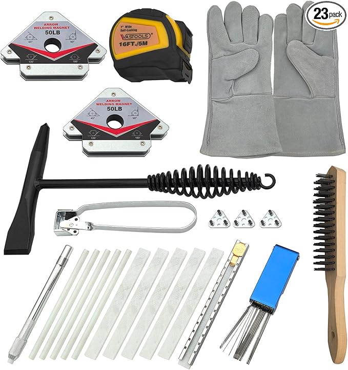 VASTOOLS Welding Accessories,23pc,Chipping Hammer,Leather Welding Gloves 13.5",Soapstone Holder,16'x 1"Tape measures,50LB Welding Magnet,Triple Flint Torch Striker,Torch Cleaner,Wire Brush