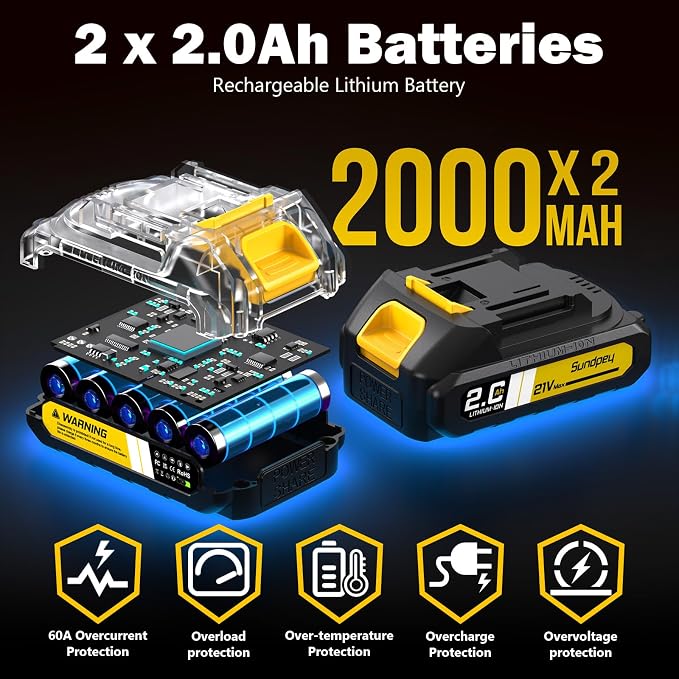 Sundpey Cordless Power Drill Set - 620in-lbs 3/8" Metal Chuck Electric Drill w/Brushless Motor & 23+3 Torque Settings & 2 Battery & LED Light - Drills Driver for Home DIY Woodworking Bricks Drilling