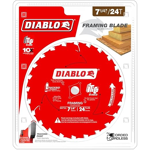 Diablo Framing Saw Blade for Wood - 7-1/4" x 24-Tooth, Thin Kerf, Anti-Vibration, Long Life for Framing & Pressure-Treated Wood, Tracking Point Tooth Design - Pack of 2 - D0724A