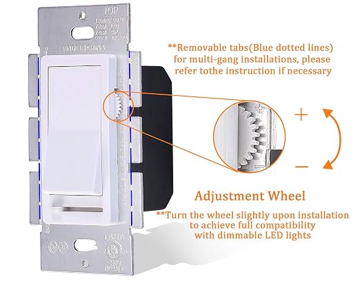 CLOUDY BAY in Wall Dimmer Switch for LED Light/CFL/Incandescent,3-Way Single Pole Dimmable Slide, 600W max Incandescent,150W max Dimmable LED/CFL, Cover Plate Included, Pack of 2