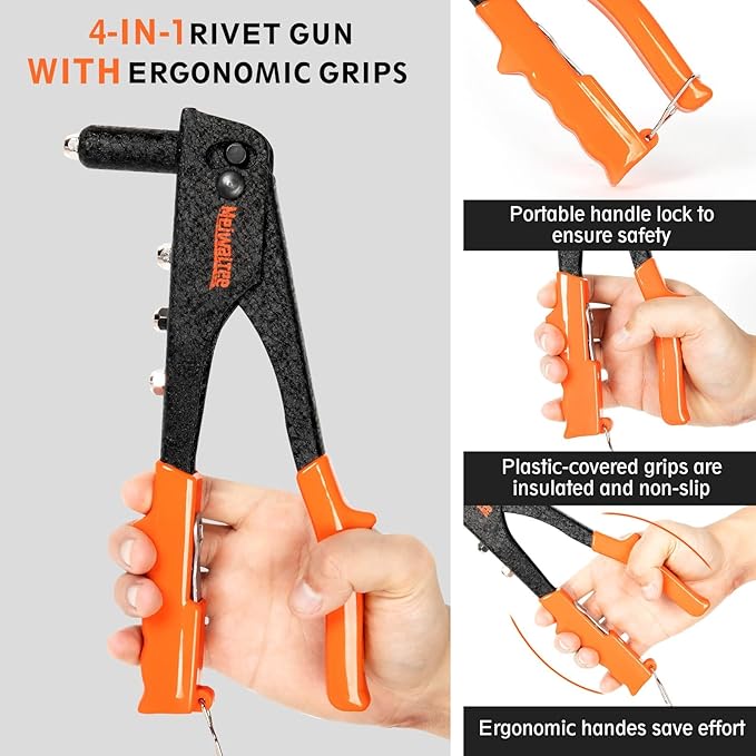 Rivet Gun,Professional Pop Rivet Gun Kit with 200Pcs Rivets, 3/32"-1/8"-5/32"-3/16", Heavy Hand Riveter kit Suitable for Metal Work, Gutter, Automotive and Other Common DIY Projects