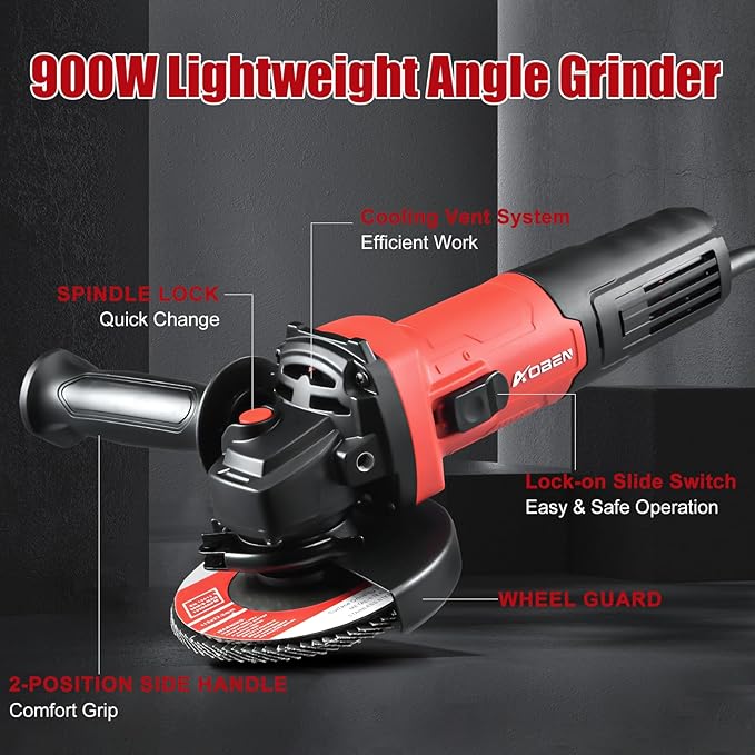 AOBEN 900W Angle Grinder 4-1/2 inch | 7.5Amp, 11000 RPM Corded Electric Grinder Tool, with Slide Switch, Safety Guard & Hand | for DIY Projects, Metal Cutting & Grinding