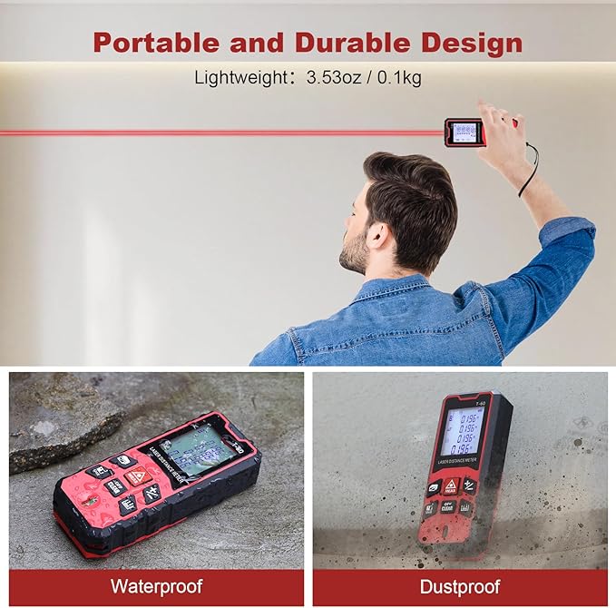 196Ft/60M Laser Distance Meter, ±1/16 Inch High Accuracy Laser Measurement Tool with Backlit LCD Display, Pythagorean/Area/Volume Calculation Mode, M/in/Ft Units, Bubble Level, Durable Design