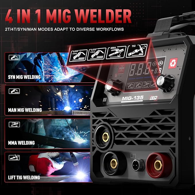 ANDELI 135Amp MIG Welder 110V Portable Gasless Welder Flux MIG/Lift Tig/Stick 3-in-1 Multiprocess Welder LED Digital Display Welding Machine IGBT Inverter Welder