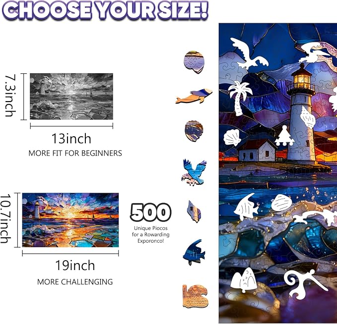 Leodozzio Sunset Lighthouse Wooden Jigsaw Puzzles 500 Pieces, Stained Glass Puzzle, 5MM Thick Unique Shaped Ocean Wooden Puzzle for Adults, Nautical Art Gift, Family Game, 10.7x19 Inch