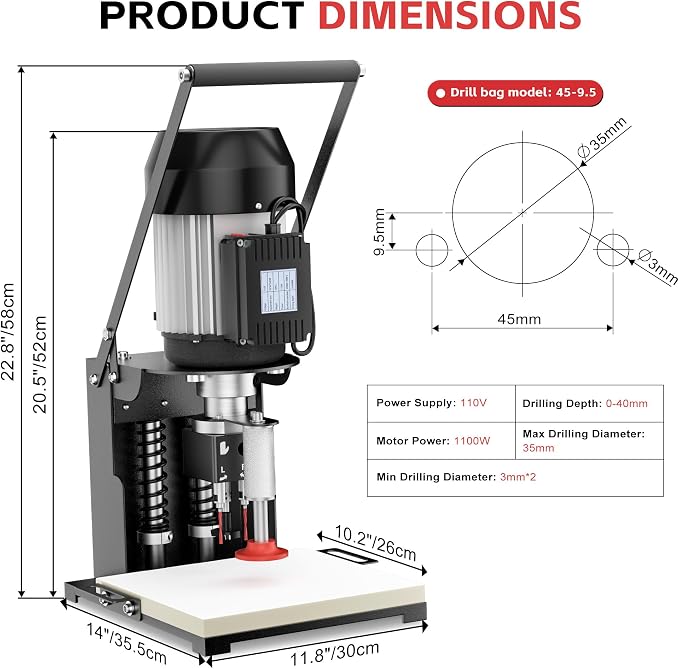 45-9.5mm Hinge Drilling Machine for Woodworking,1100W Boring Machine Portable Hinge Drill with 0-40mm Depth,110V, 2840 RPM, Precision Scale & Air Spring Clamp for Cabinets