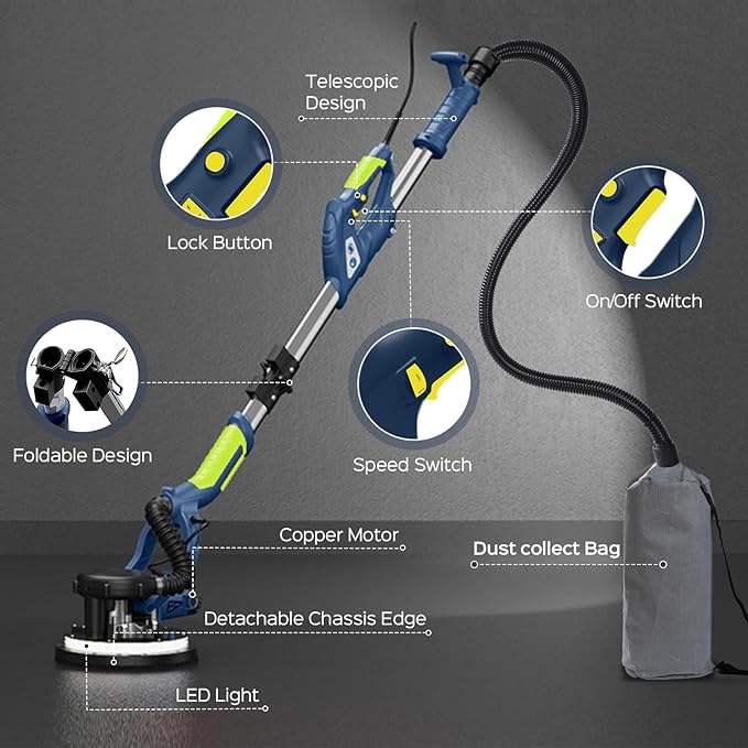 Drywall Sander, 2026 Upgraded 8-Amp Popcorn Ceiling Removal Tool with 7 Variable Speed 800-1800RPM, Drywall Sander with Vacuum Dust Collector with LED Light, Extendable Handle,12pcs Sanding Discs,Blue