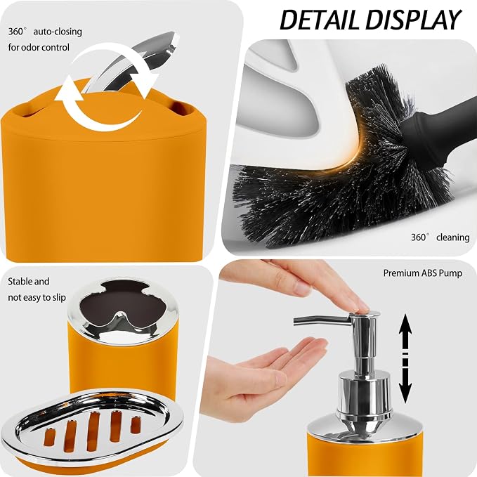 Lnond Orange Bathroom Set, 23-Piece Orange Black Geometric Bathroom Decor Set with with Shower Curtain and Rugs, Trash Can, Toilet Brush Holder Set & Soap Dispenser