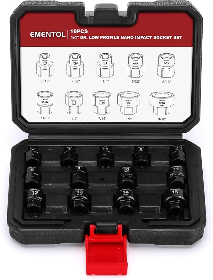 EMENTOL 10-Piece 1/4" Drive Stubby Impact Socket Set, SAE | 3/16"-9/16" Low Profile Sockets, 12mm Base Hex, CR-MO, Compact Design for Tight Access