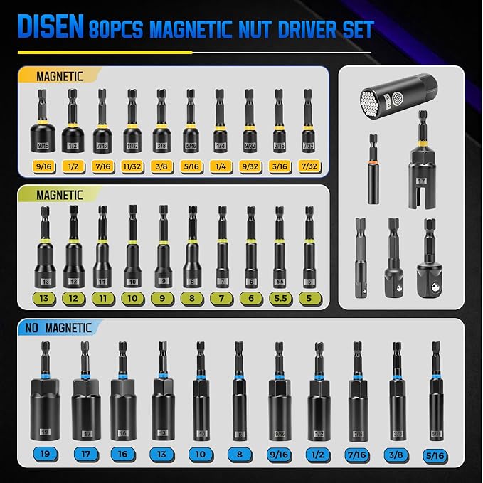 DISEN 80-Pieces Magnetic Impact Nut Driver Set Metric & SAE with Socket Adapters Impact Driver Bit Set Socket Set Deep Nut Driver Wing Nut Driver Tool Set Gift for Father and Friend