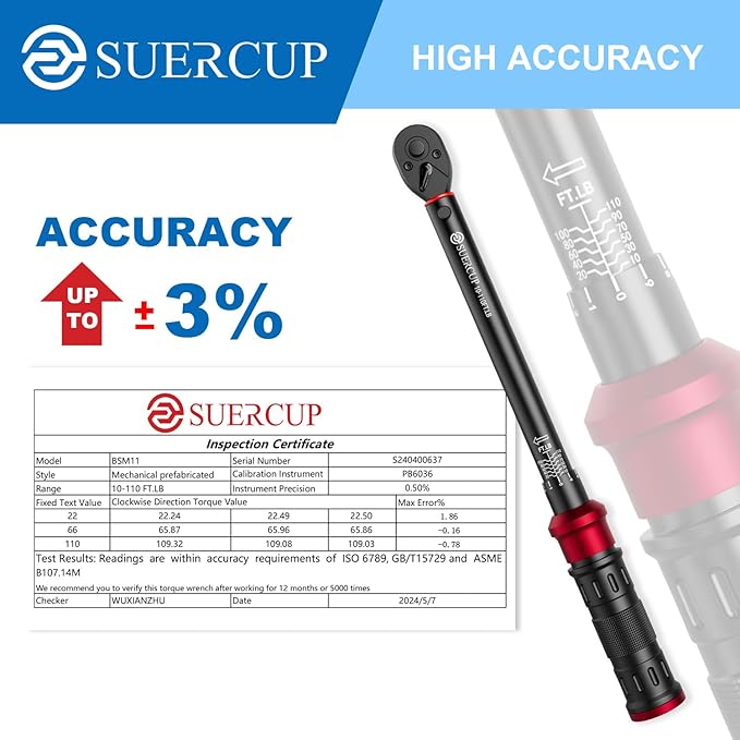 SUERCUP 3/8-inch Drive Torque Wrench - 10-110 ft.lb/13.6-149.2Nm, Dual-Direction Adjustable 72 Tooth Click Torque Wrench for Bicycle, Moto and Car Maintenance