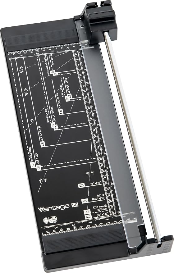 Dahle Vantage 50 Rotary Trimmer, 12" Cut Length, 5 Sheet Capacity, Self-Sharpening, Automatic Clamp, German Engineered Paper Cutter