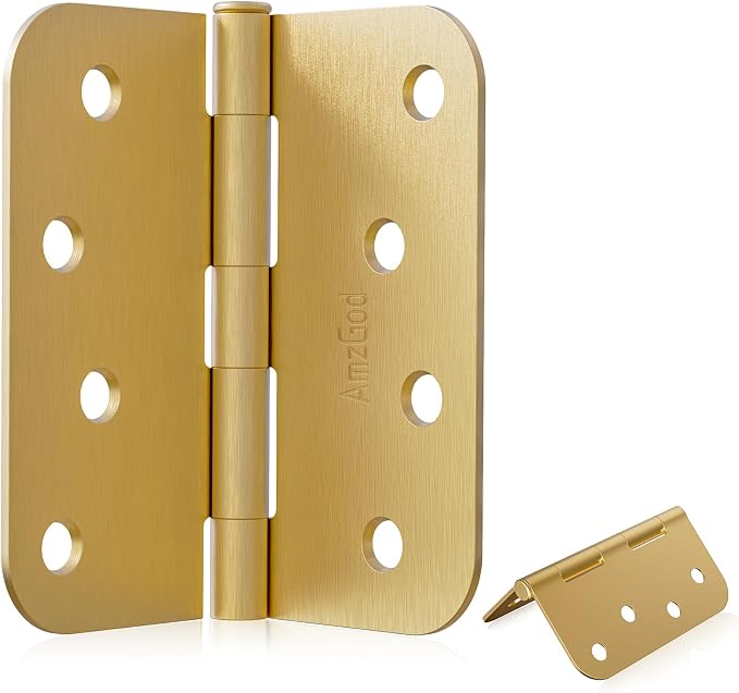 4" X 4" Satin Brass Door Hinges – 6 Pack Gold Door Hinges with 5/8" Radius, Rounded Interior Heavy Duty 4 Inch Exterior & Front Door Hinge for Residential Use