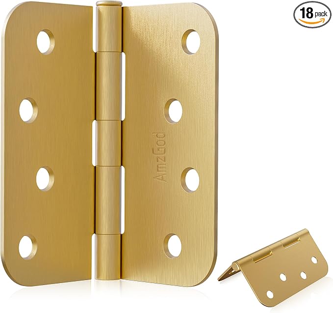 4" X 4" Satin Brass Door Hinges – 18 Pack Gold Door Hinges with 5/8" Radius, Rounded Interior Heavy Duty 4 Inch Exterior & Front Door Hinge for Residential Use