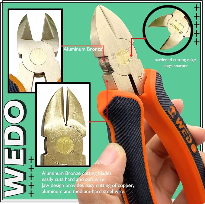 WEDO Non-Sparking Diagonal Cutting Pliers 8”, Spark-Free Side Cutters Pliers, Wire Cutters, Flush Cutting, BAM & FM Certificate, Aluminum Bronze, For Electrical and Homes