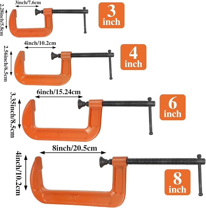 WILLBOND 4 Pcs C Clamps Set 3'' 4'' 6'' 8'' Small Steel Versatile Heavy Duty Welding Clamps Set Jaw Opening Sliding T Bar Handle for DIY Carpentry Caliper Woodworking Welding Building(Orange)
