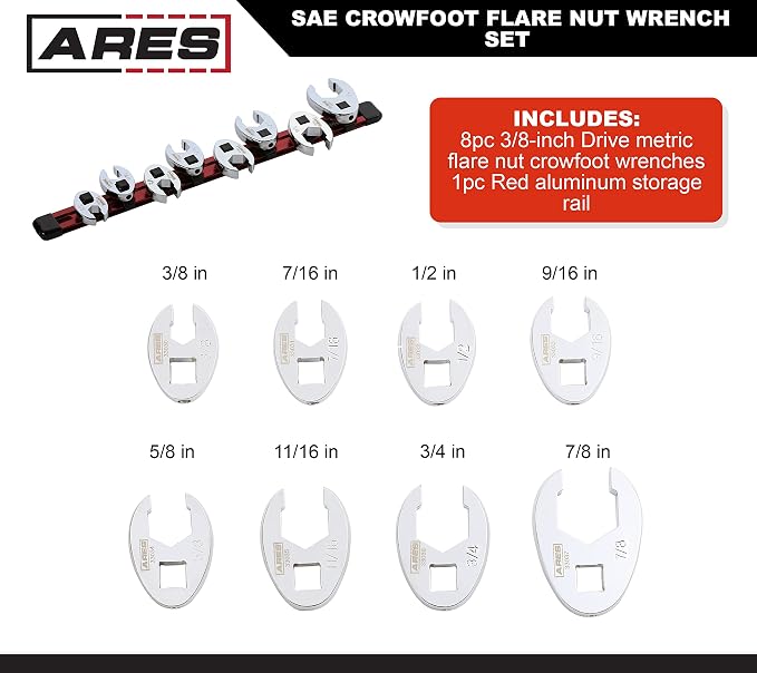 ARES 33011 8-Piece SAE Flare Nut Crowfoot Wrench Set | 3/8-Inch Drive Flare Nut Crowfoot Wrenches from 3/8-Inch to 7/8-Inch; Includes Storage Rail