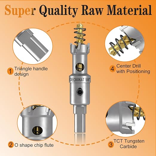DECKRKAT 2-Pack 5/8” TCT Hole Saws for Hard Metal, Heavy Duty 16mm Tungsten Carbide Tipped Hole Cutters Set with Spring-Loaded Pilot Drill Bits for Stainless Steel, Metal, Iron, and Plastic