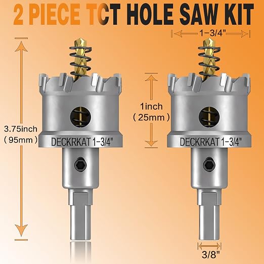 2-Pack 1-3/4" TCT Hole Saws for Hard Metal, Heavy Duty 45mm Tungsten Carbide Tipped Hole Cutters Set with Spring-Loaded Pilot Drill Bits for Stainless Steel, Metal, Iron, and Plastic
