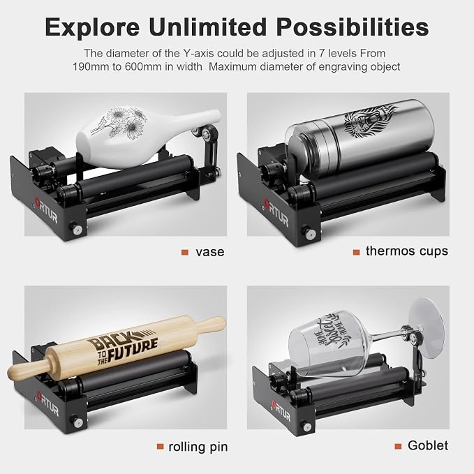 Ortur Laser Rotary Roller YRR 3.0, Pre-Assembled 360° Y-axis Rotary for Cylinder Engraving, Adjustable Diameters from 1mm-41mm, Max Length of Engraved Object to 600mm
