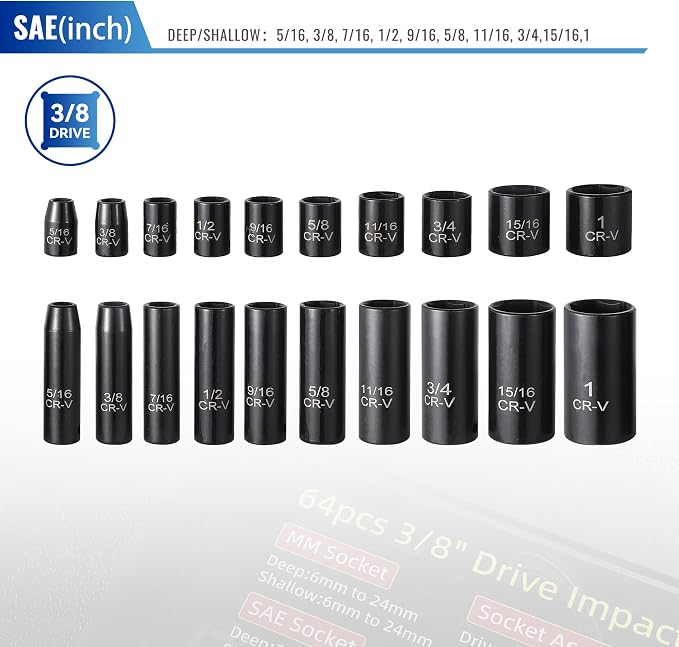 Reniteco 64-Piece 3/8" Drive Socket Set, SAE 5/16"-1", Metric 6-24mm, Cr-V | Deep & Shallow Sockets, 72-Tooth Ratchet Wrench, Extension Bars, 1/2"F-3/8"M Reducer, Universal Joint, Drill Adapter