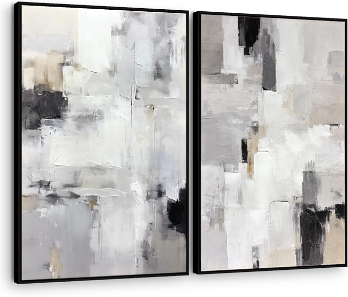 Zessonic Neutral Abstract Wall Art, Large Modern Textured Framed Canvas Wall Decor, Minimalist Prints Paintings, Black White Grey Artwork Pictures for Home, Living Room, Office, 24"x36"x2