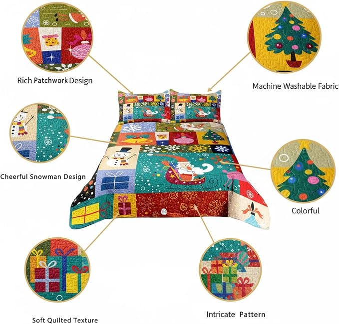 Merry Christmas Patchwork Green Quilt Set King- Santa Claus Gift Snowman Checkered Printed Holiday Bedding Set - Soft Microfiber Lightweight Comforter Coverlet Bedspread(Gift, King(90"x104"))