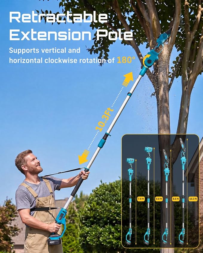 SEESII 4-in-1 Cordless 8 Inch Pole Chainsaw & Leaf Blower Battery Powered | 2 x 4000mAh Batteries, Adjustable 180° 560CFM Hand Blower, Electric Saw with 10FT Extension Pole for Tree Trimming, Lawn Care