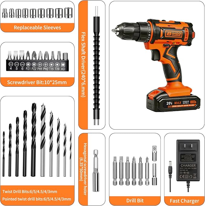 20v Drill Driver Set,Cordless Drill with Battery and Charger,LED Tools Kit,25+1 Torque Setting,43pcs Drill Bits,Orange
