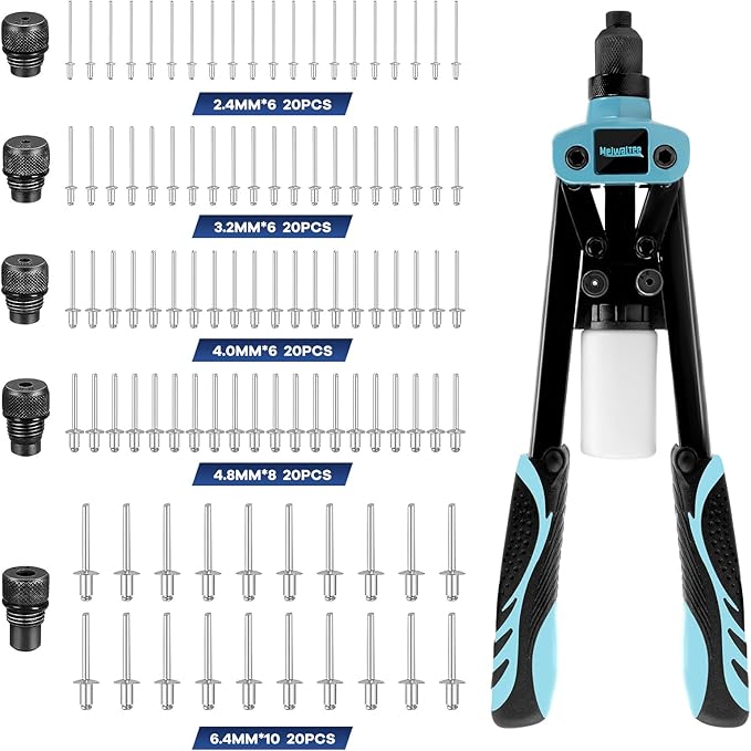 13" Rivet Gun, 1/4 Pop Rivet Gun with 100 Pcs Rivets, Manual Hand Heavy Duty Riveter with 5 Nosepieces for Plastic Metal,Aluminum, Plastic, Tube Stock,Gutter & Automotive.